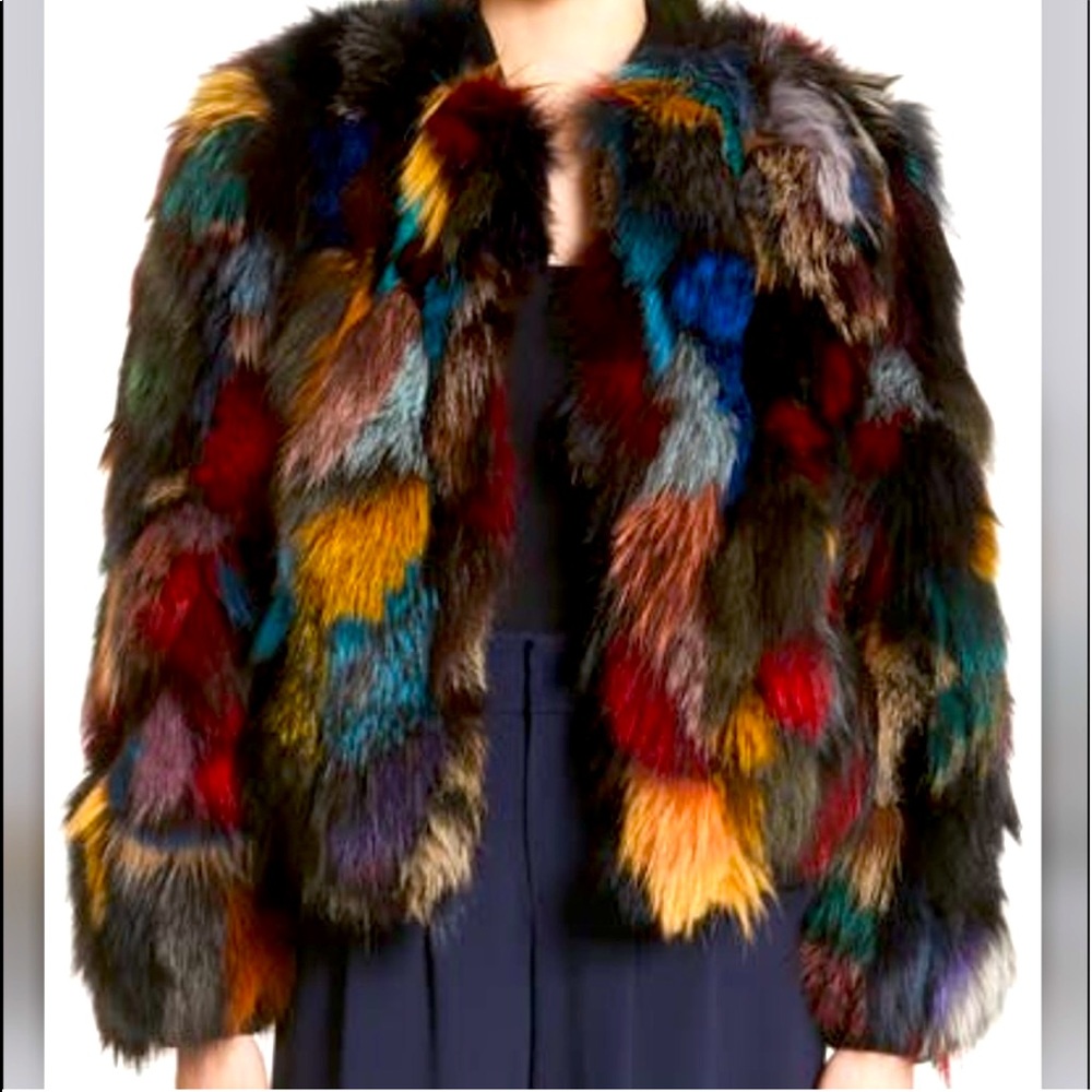 Alice + Olivia Multicolor Faux Fur Bomber Jacket - Jewel Tone Patchwork